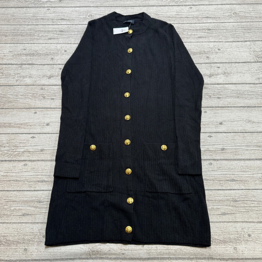 NEW GAP Sweater Women's Large Black Button Front Longline Ribbed Knit Cardigan